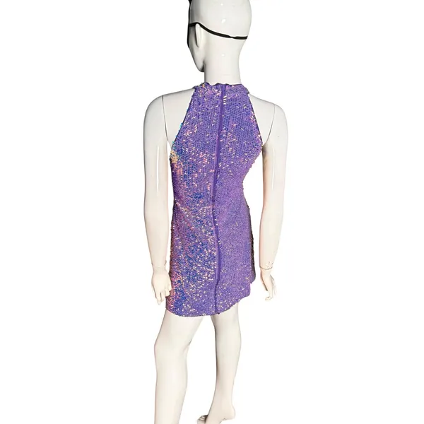 Shein Purple Iridescent Sequin Halter Mini Dress Fairycore Bodycon Size 6 M - Image 3