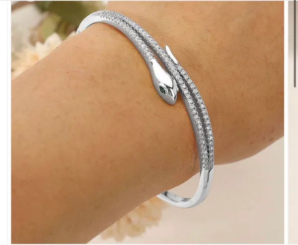 Stainless Steel Rhinestone Pave Sleek Snake Hinged Bangle Bracelet - Image 2