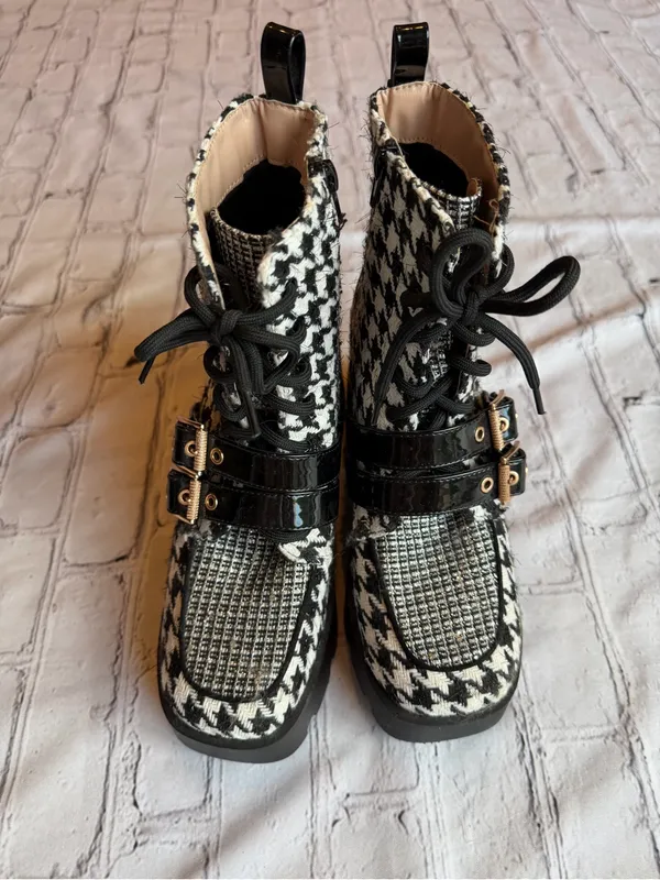 Betsey Johnson Y2K Chunky Platform Boot Houndstooth Black White Buckle Bratz 6.5 - Image 11