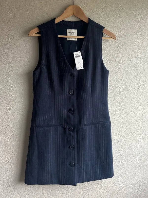 Sleeveless Navy Pinstripe Button-Front Dress - Image 2
