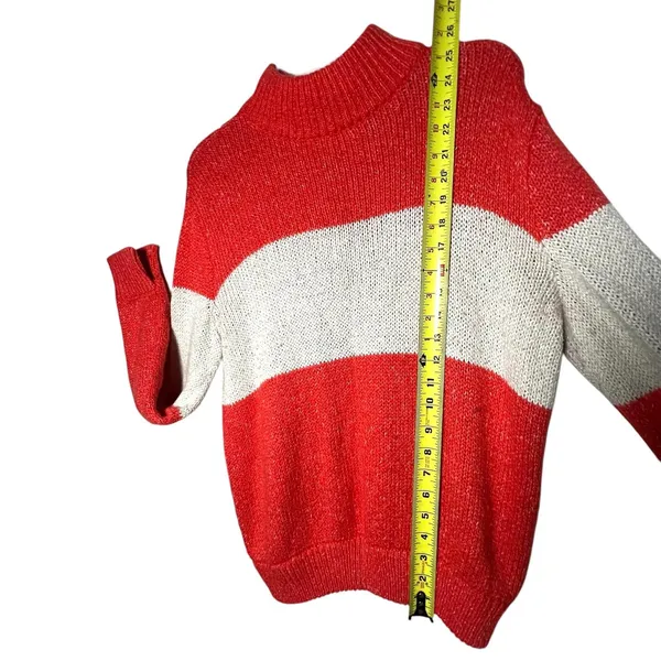Aerie Sweater Wome's Small Coral White Striped Mock Neck Chunky Knit Pullover - Image 5