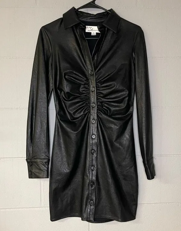 Vintage Havana Black Leather Ruched Shirt Dress Long Sleeve Women’s Size Small - Image 3