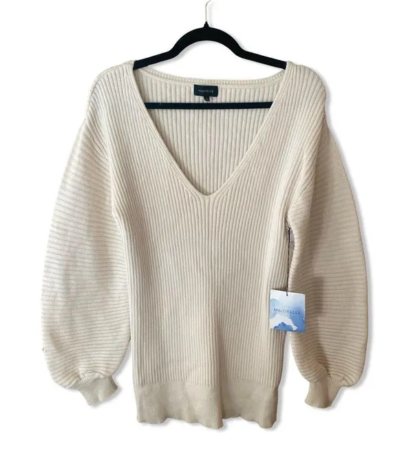 Majorelle Riley Tunic Sweater Ivory ribbed blouson sleeves knit Revolve As Is - Image 6