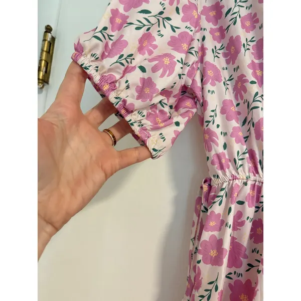 Japanese Floral Tiered Midi Dress Pink Purple Puff Sleeve Elastic Waist Medium - Image 5