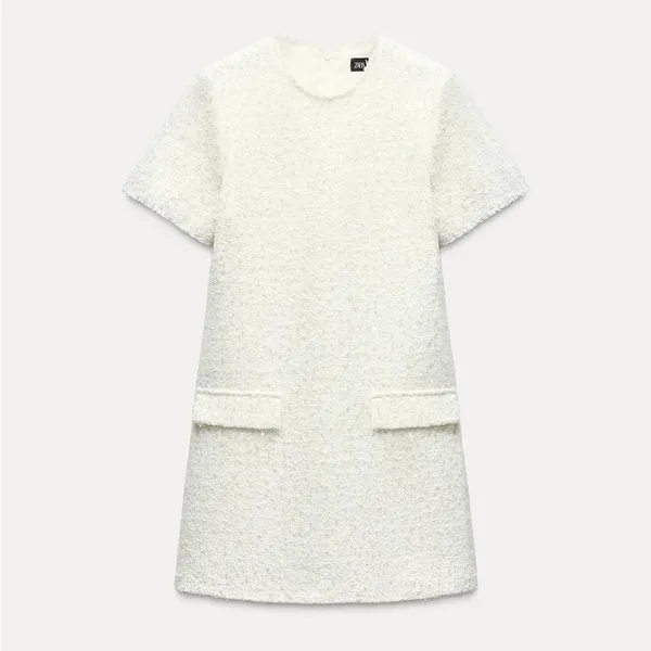 Zara White & Silver Sequin Tweed Short Sleeve Mini Dress - Size XS - Image 7