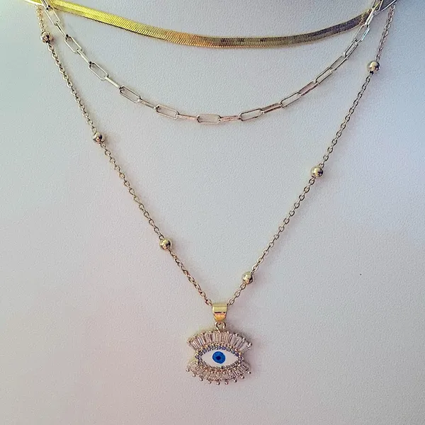NEW‎ Handmade Evil Eye Yellow Gold Filled Simulated Diamond Necklace, 18-20” - Image 2