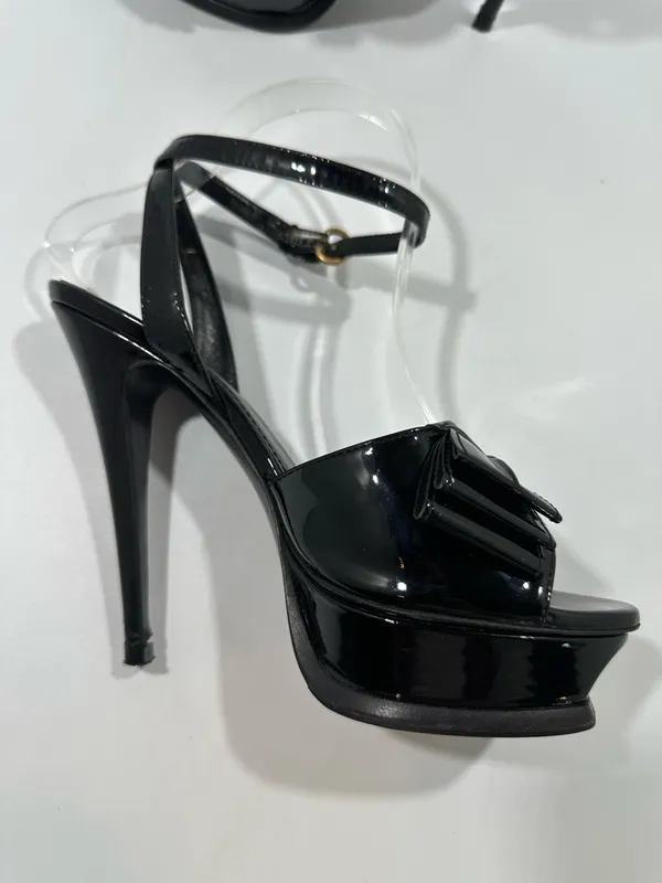 Yves Saint Laurent YSL Tribute Y Bow Black Patent Leather Platform Sandals 38.5 - Image 4