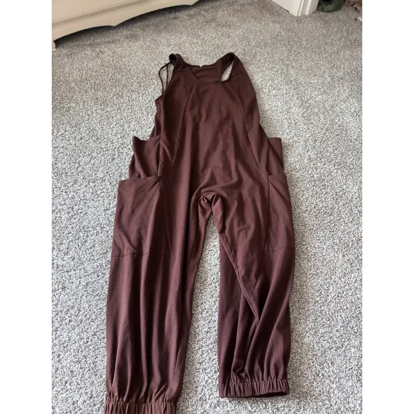 Anrabess Brown Sleeveless Cargo Pocket Jumpsuit XL Cross Back Jogger Hem Romper - Image 4