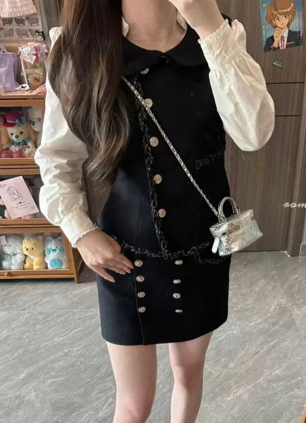 Luxury Navy Blue Gold Buttoned Formal Vintage Tweed Babydoll Slim Blazer Vest - Image 7