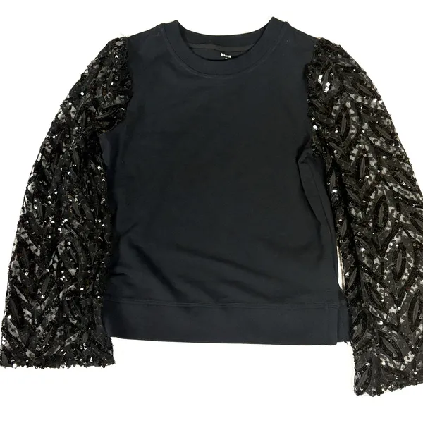 Anthropologie Maeve Tasha Sequin Lace Bell Sleeve Sweatshirt Black XS - Image 2