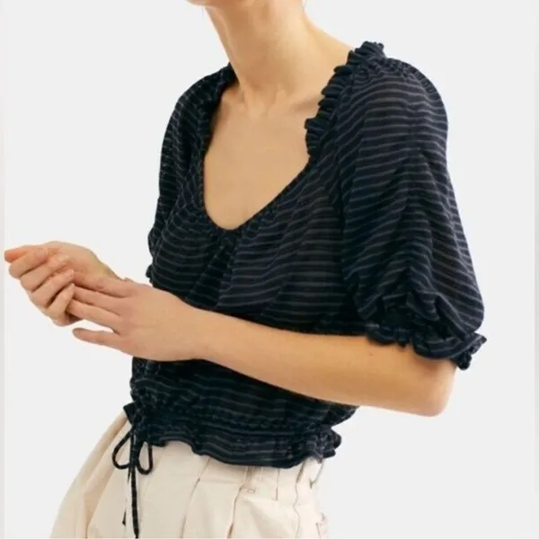 Free People Dorothy Cropped Top Peasant Style Black Blue Navy Stripe Size XS - Image 4