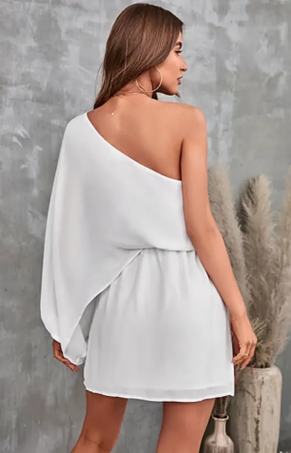The Impeccable Pig White Solid One-Shoulder Long Sleeve Pullover Mini Dress S - Image 2