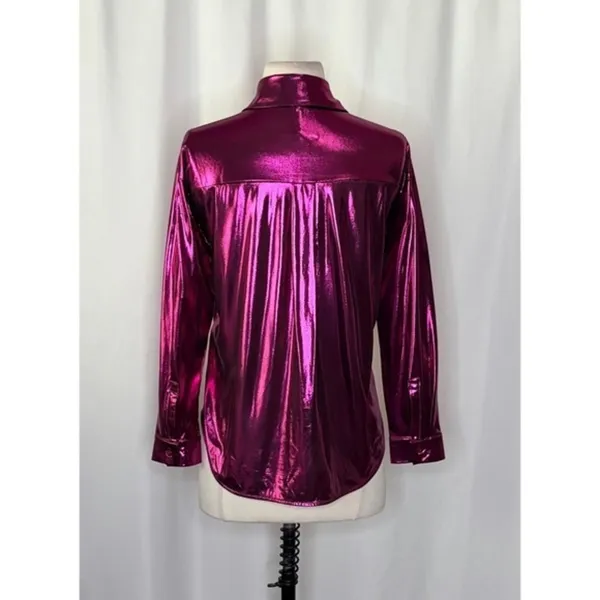 By ANTHROPOLOGIE Magenta Pink Shimmer Shine Lamé Buttondown‎ Top Blouse X-Small - Image 9