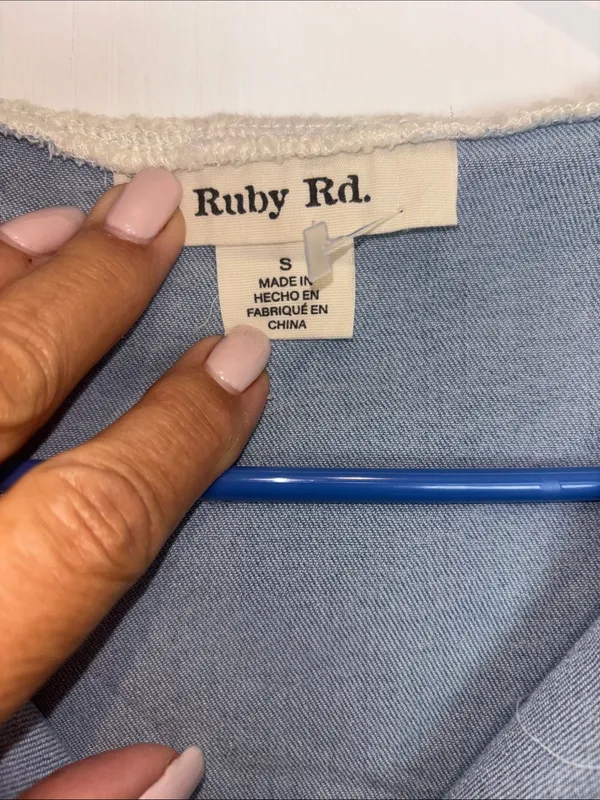 Ruby Rd Brand Blue Stretch Denim With Knit Sleeves And Collar Button Closure - Image 5