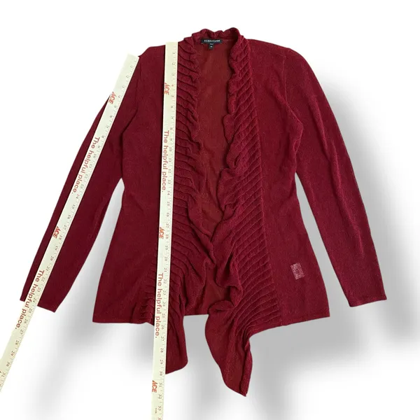 Eileen Fisher Wine Red Linen Blend Open Knit Open Front Ruffle‎ Cardigan Size XS - Image 4