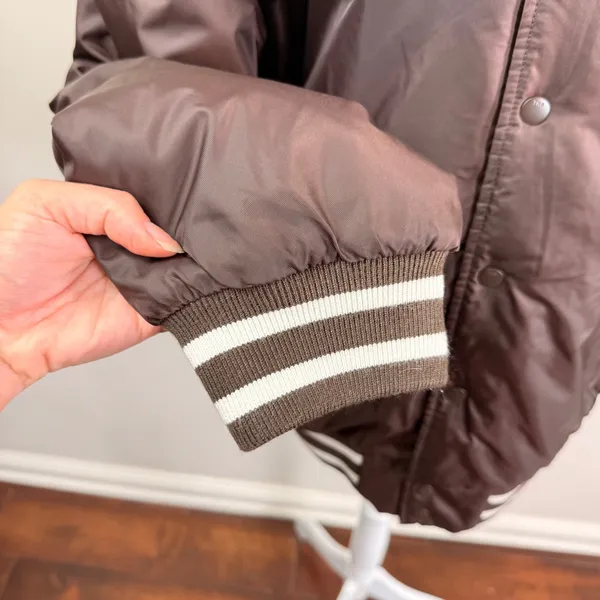 Tna Aritzia Stadium Jacket Brown Satin Varsity Bomber Striped Trim Women XL - Image 12