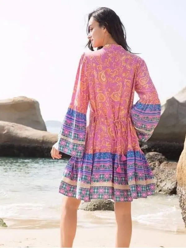 Coco + Carmen Boho Paisley Tunic Dress Pink Blue Tassel Tie Size L/XL Hippie - Image 5