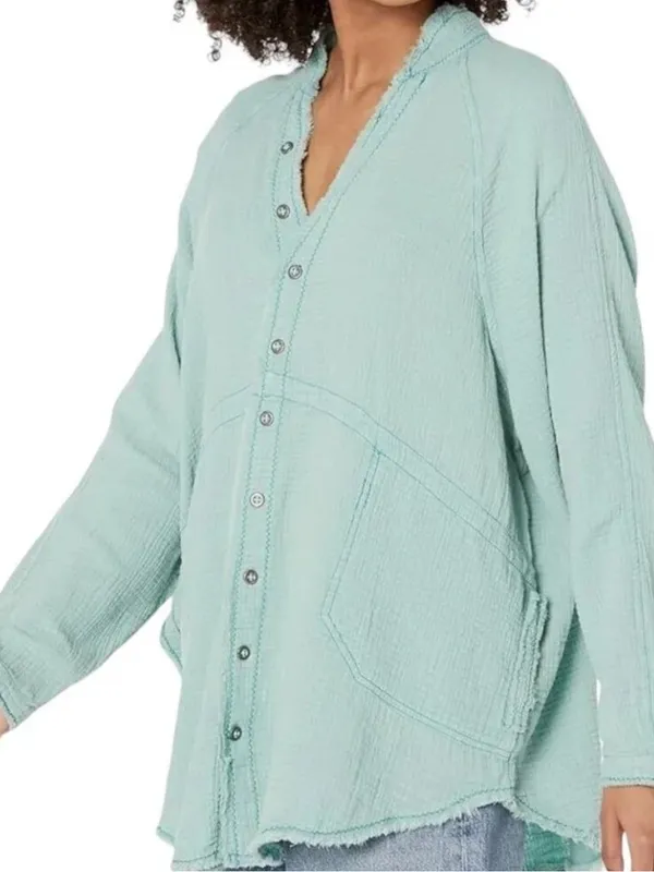 Free People We The Free Summer Daydream Seafoam Green Gauze Button-Up Shirt Sz L - Image 2