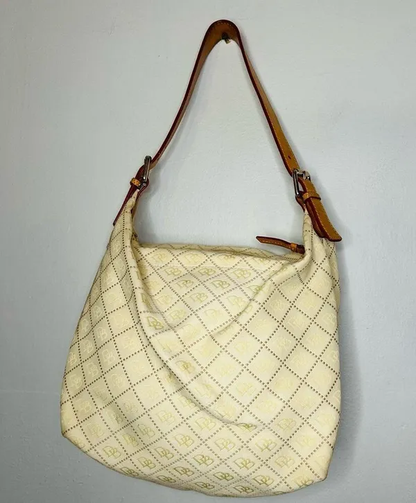 DOONEY & BOURKE Cream Yellow DB Monogrammed Vachetta Leather Shoulder Bag - Image 9