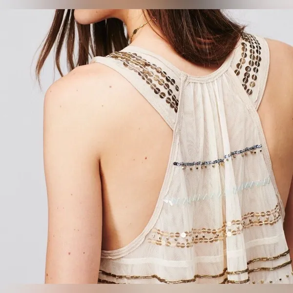 Free People Mercury Sheer Beaded Blouse Tank Top S Tiered Boho Fairy Festival - Image 4
