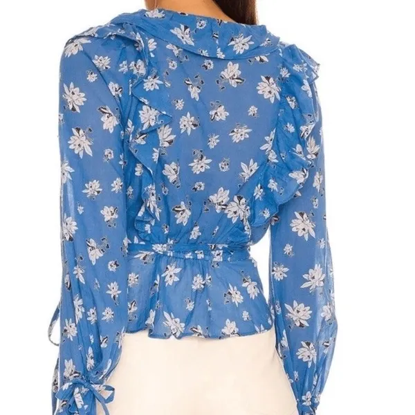 Free People Amanda Ruffle Detail Wrap-Style Blouse in‎ Blue Floral XS - Image 7