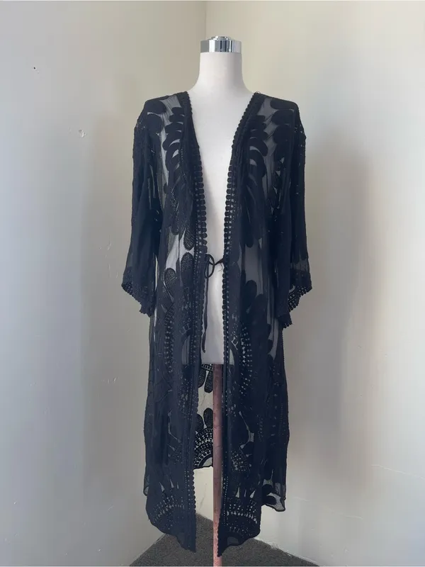 Black Sheer Embroidered Swim Coverup Kimono - Image 2
