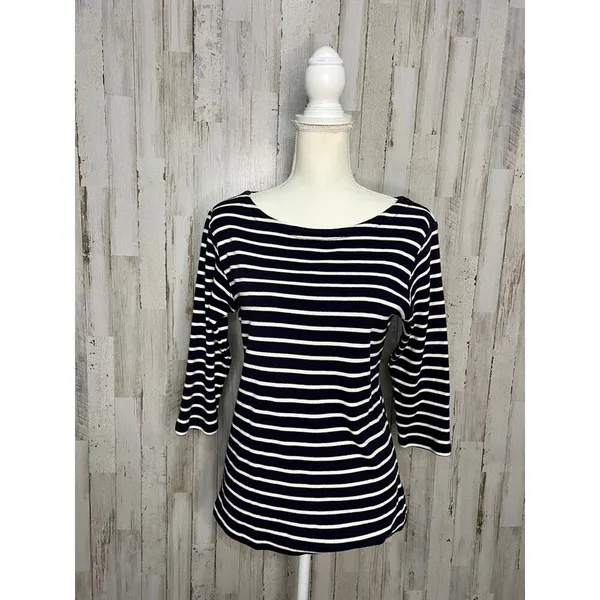 L.L.Bean Women's Medium Navy/White Striped 3/4 Sleeve Boat Neck Blouse‎ - Image 5