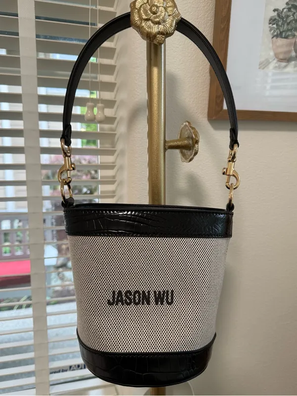 Jason Wu Textured Canvas Leather Crocodile Trim Bucket Bag - Image 7