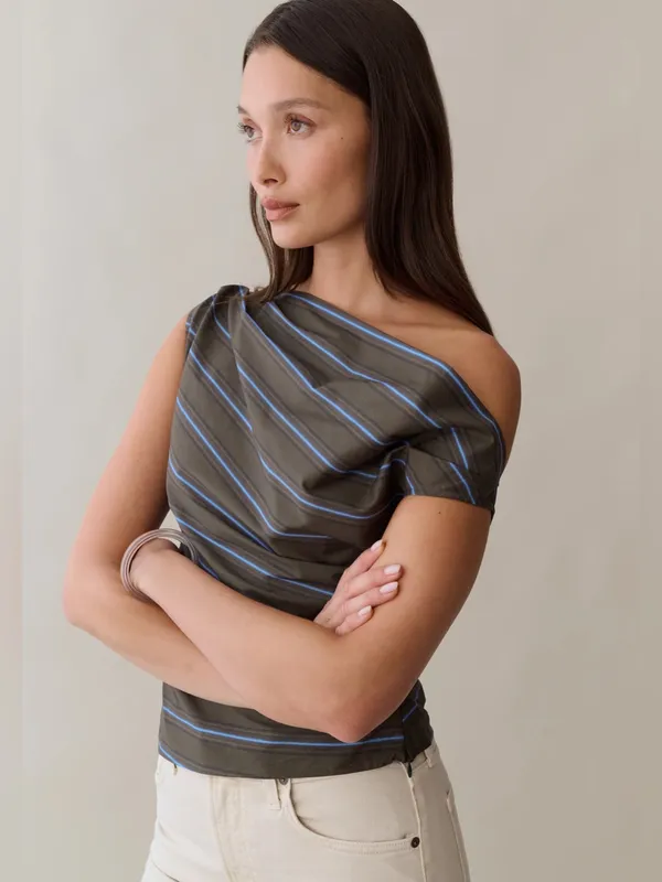 NWT o.p.t Tashi Cotton top size 2 Earthy Stripe one shoulder brown blue Few Moda - Image 4