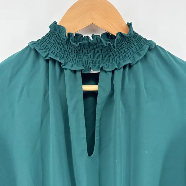 Amanda Uprichard Kimmie‎ Teal Green Smocked Mock Neck Keyhole Mini Dress Medium - Image 5