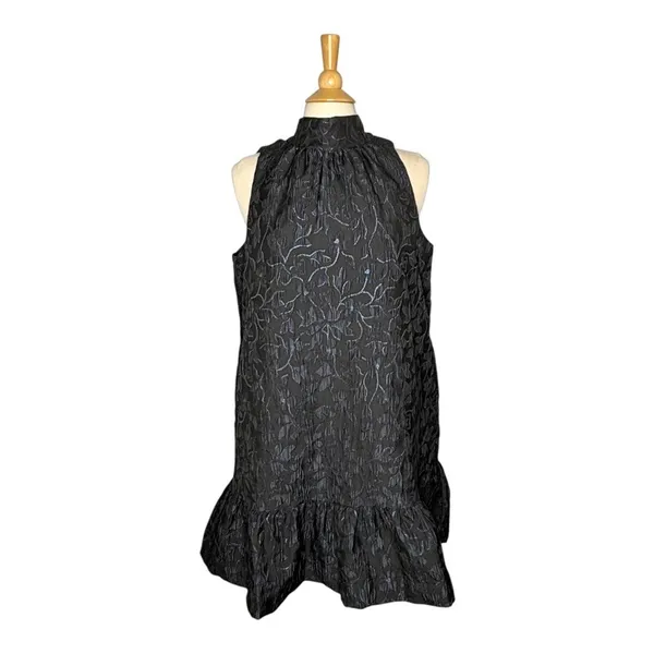 Scoop Mini Dress Women Large Black Blue Metallic‎ Floral Jacquard Mock Neck Tie - Image 6