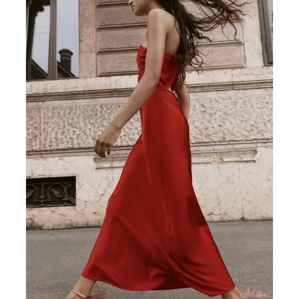 Zara Red Asymmetrical One Shoulder Satin Gown Maxi Dress Formal Grecian Holiday - Image 10