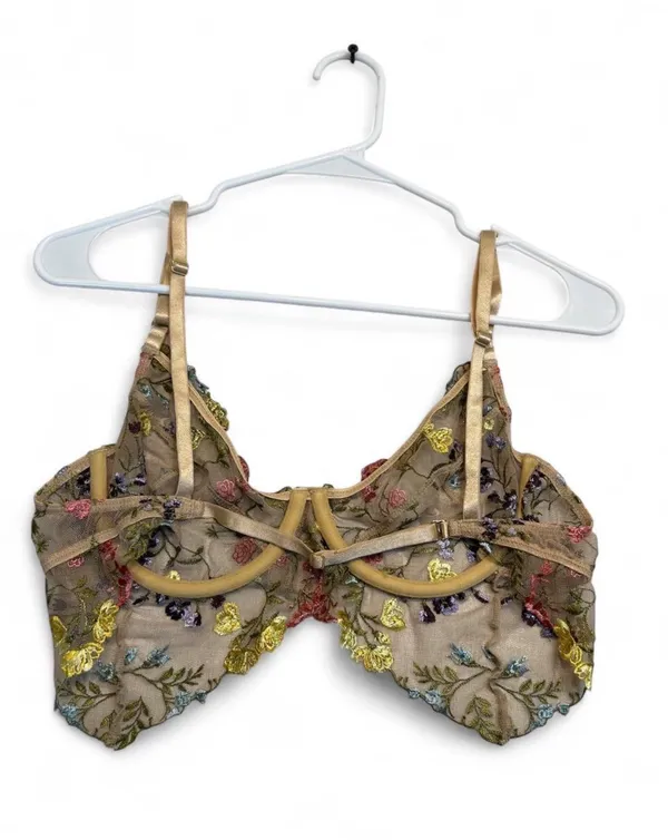Gooseberry Intimates floral embroidered bralette with yellow, red, and purple flowers on beige mesh #lingerie #embroidered - Image 3