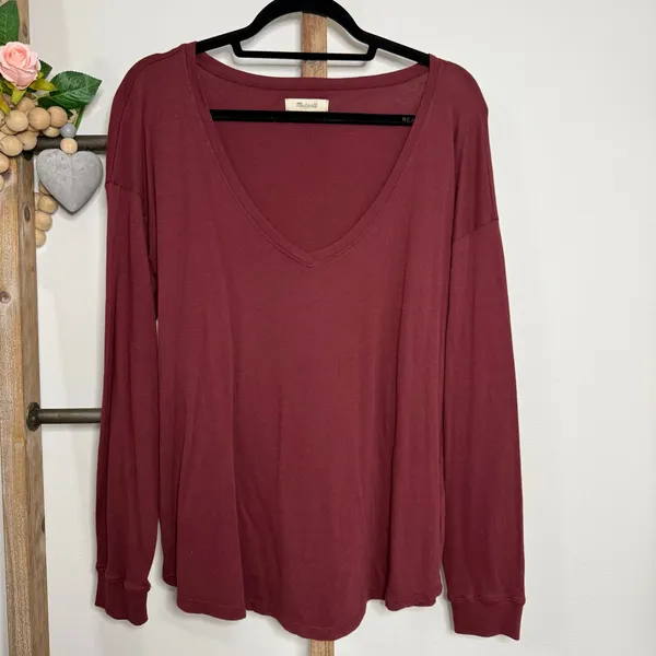 Madewell Long Sleeve‎ V Neck Maroon Shirt Size Medium - Image 2