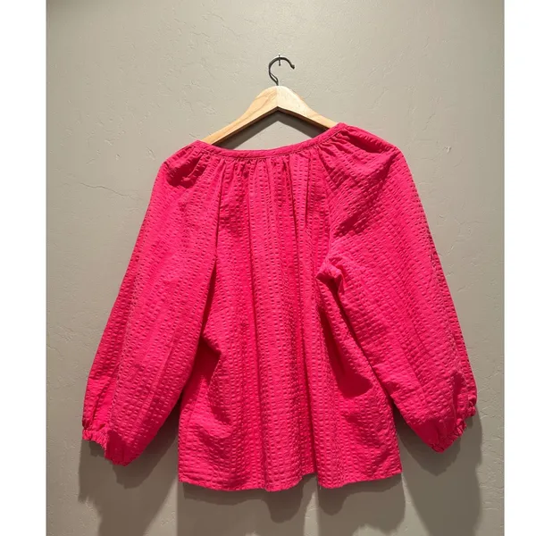 Gap‎ Pink Splitneck Button Front Blouse Puff Sleeve V-Neck Peasant Top Medium - Image 3