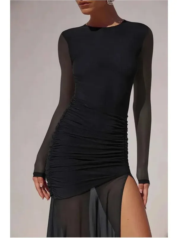 Black Long-Sleeve Ruched Maxi Dress with High Side Slit - Image 2
