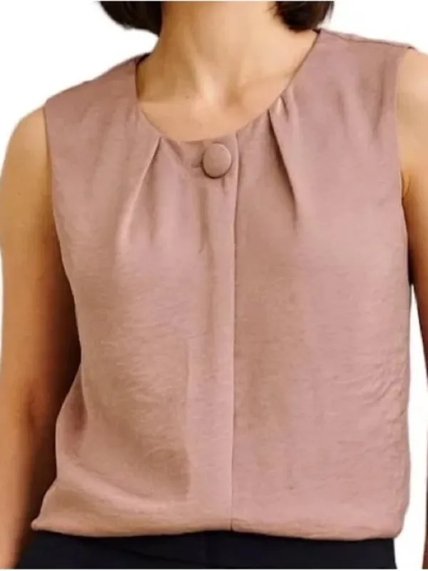 Cabi NWOT Bloom Button Up Blouse Fawn Tan Size Large Style 3603 Sleeveless Satin - Image 2