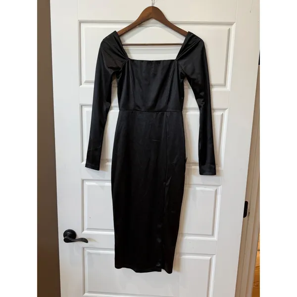 Lulus‎ Fabulous Encounters Black Satin Long Sleeve Midi Dress XS Party Cocktail - Image 2