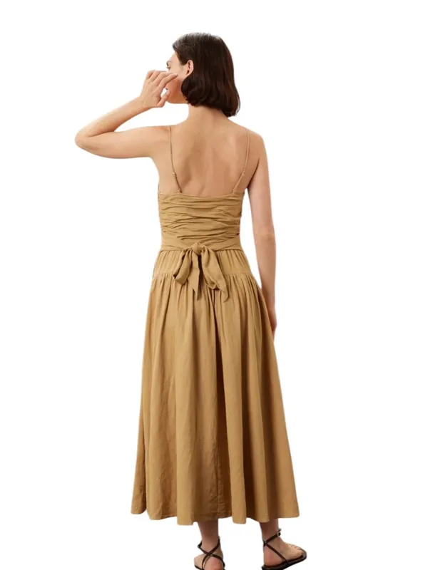 Toccin- Ruched Bodice Tie Midi Dress in Tan Size 4 - Image 2