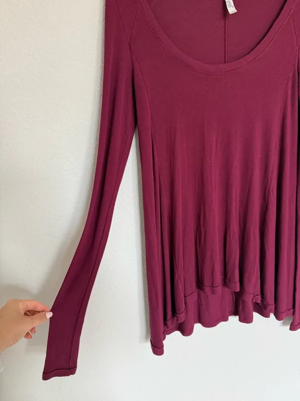 Free People Burgundy Soft Ribbed Long Sleeve Shirt Boho‎ Whimsy A-line XS - Image 3