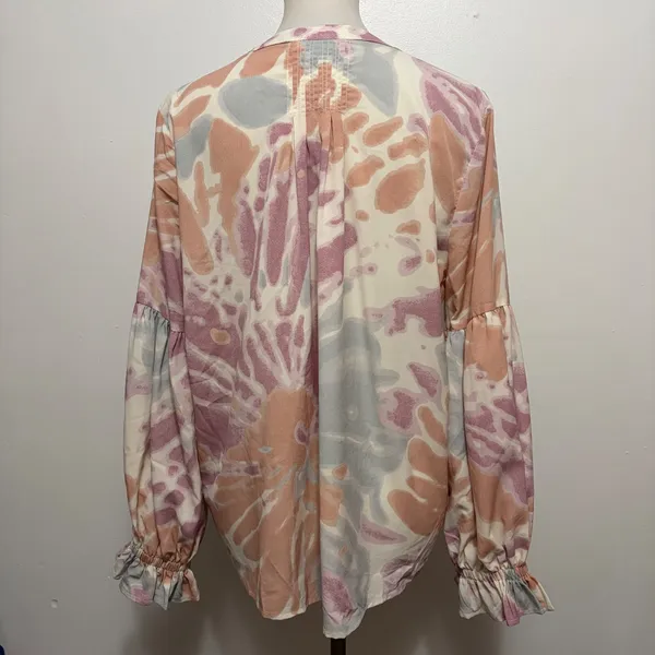 Entro Blouse Large Pastel Tie Dye Balloon Sleeve V-Neck Boho Festival Watercolor - Image 5