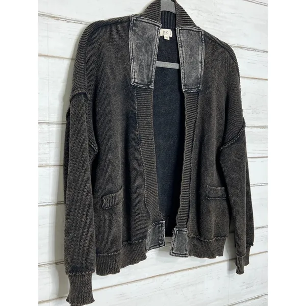POL Brown Black Cardigan Small Open Front Chunky Knit Acid Wash Boho Grunge - Image 5