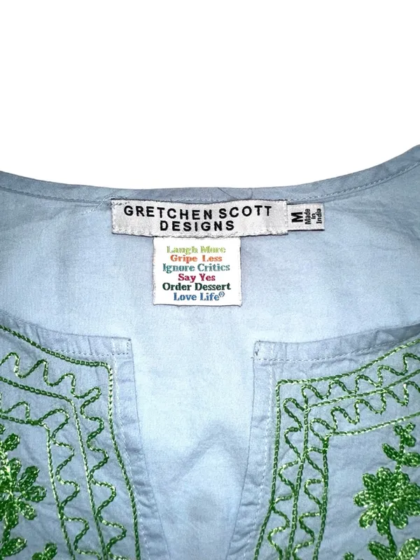 Gretchen Scott Designs 3/4 Sleeve Sky Blue Green Embroidered Tunic MEDIUM - Image 3