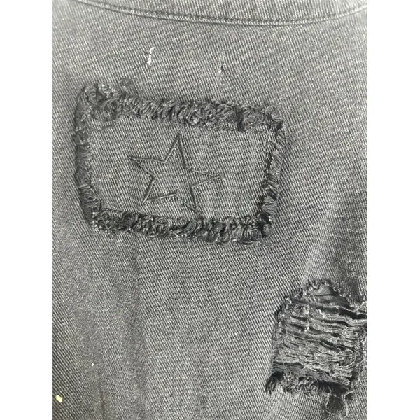 POL Washed Black‎ Distressed Denim Shacket Star Patch Frayed Hem SMT1165D Size M - Image 7