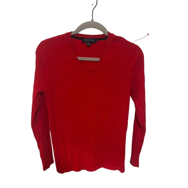 Tommy Hilfiger Red Cable Knit V-Neck Sweater Women’s Medium Classic Cotton - Image 2