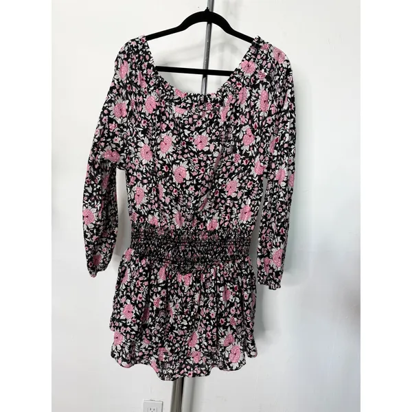 LoveShackFancy Mini Dress Pink Black Floral Smocked Ruffle Cotton - Image 4