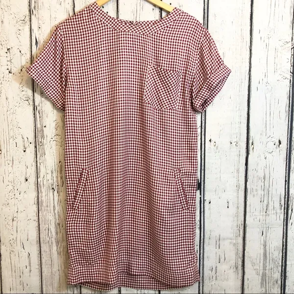 Madewell Gingham shift red white checkered picnic retro dress pockets size xs - Image 2