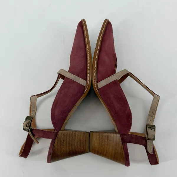 Sundance Women Burgundy Suede T-Strap Pointed Toe Block Heel Pumps Shoes‎ - Image 5