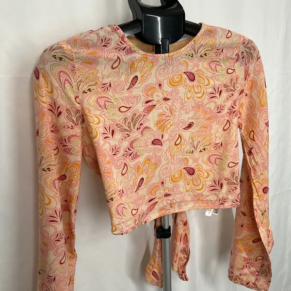 Zara Paisley Printed Open Back Bell Sleeve Crop Top 7521 - Image 7