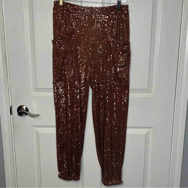 Free People Morelia Bronze Sequin Jogger Pants Sz M Shiny Sparkly Party Festival - Image 5